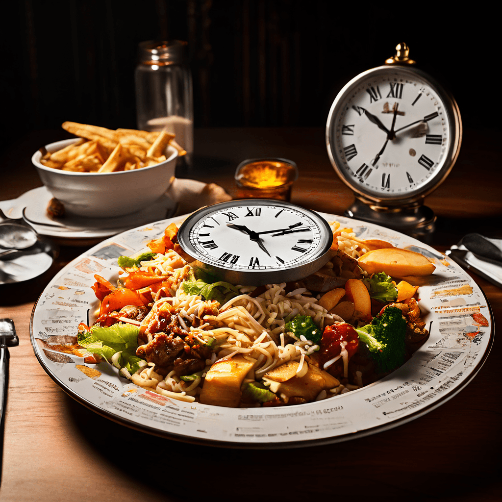 뷔페 음식 남기기 과태료와 시간 제한을 규정한 법률 문서가 버려진 음식 접시와 째깍거리는 시계 위에 겹쳐져 있는 모습으로, 음식물 쓰레기 감축을 위한 법적 장치를 상징적으로 보여줍니다.