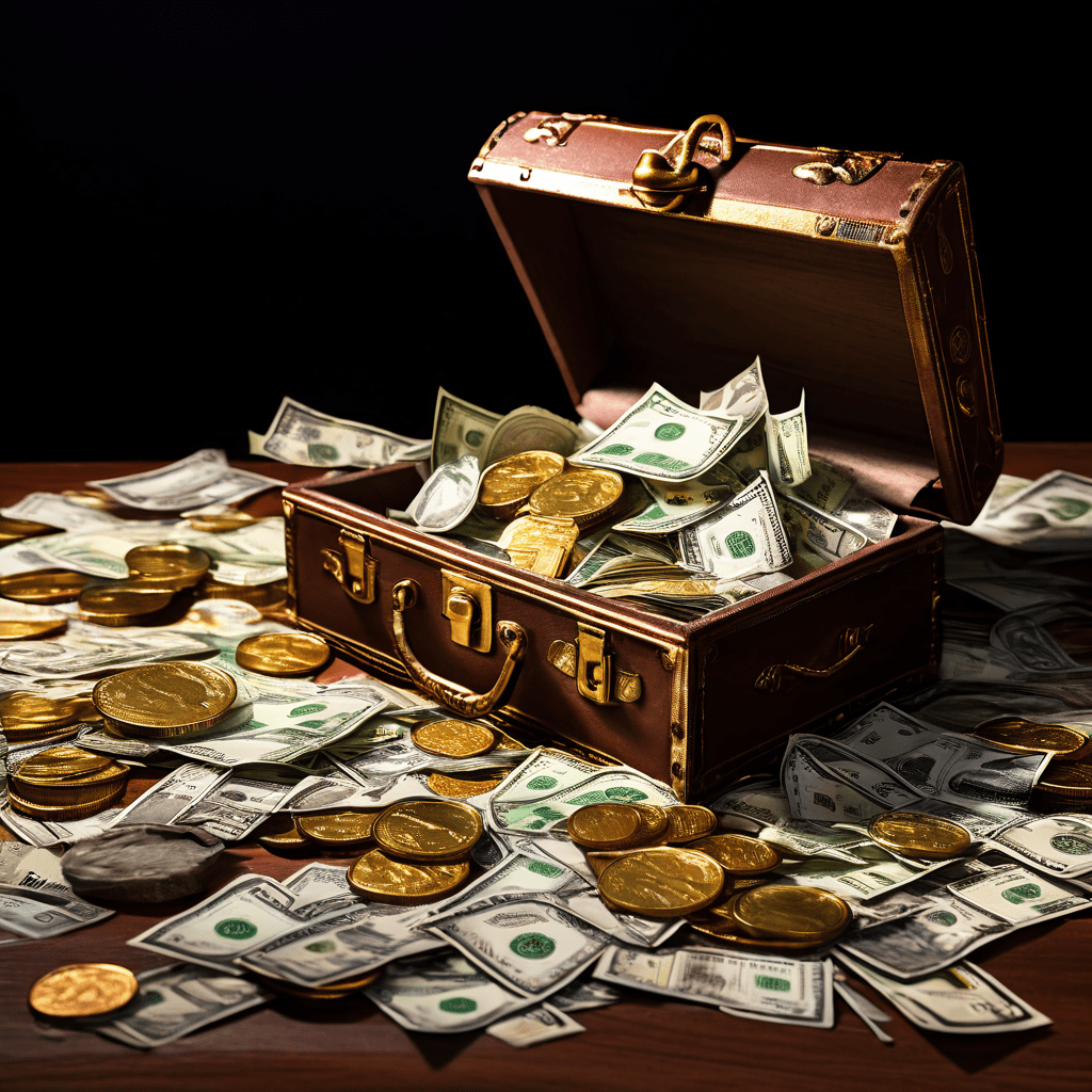 근로자의 월급이 구멍으로 떨어지는 각종 청구서와 동전으로 변해 사라지고, 멀리 작게 보이는 자산이라는 보물상자는 비어 있고 닿을 수 없는 상태를 표현하여 소득 대비 높은 지출과 자산 형성의 어려움을 상징적으로 보여줍니다.