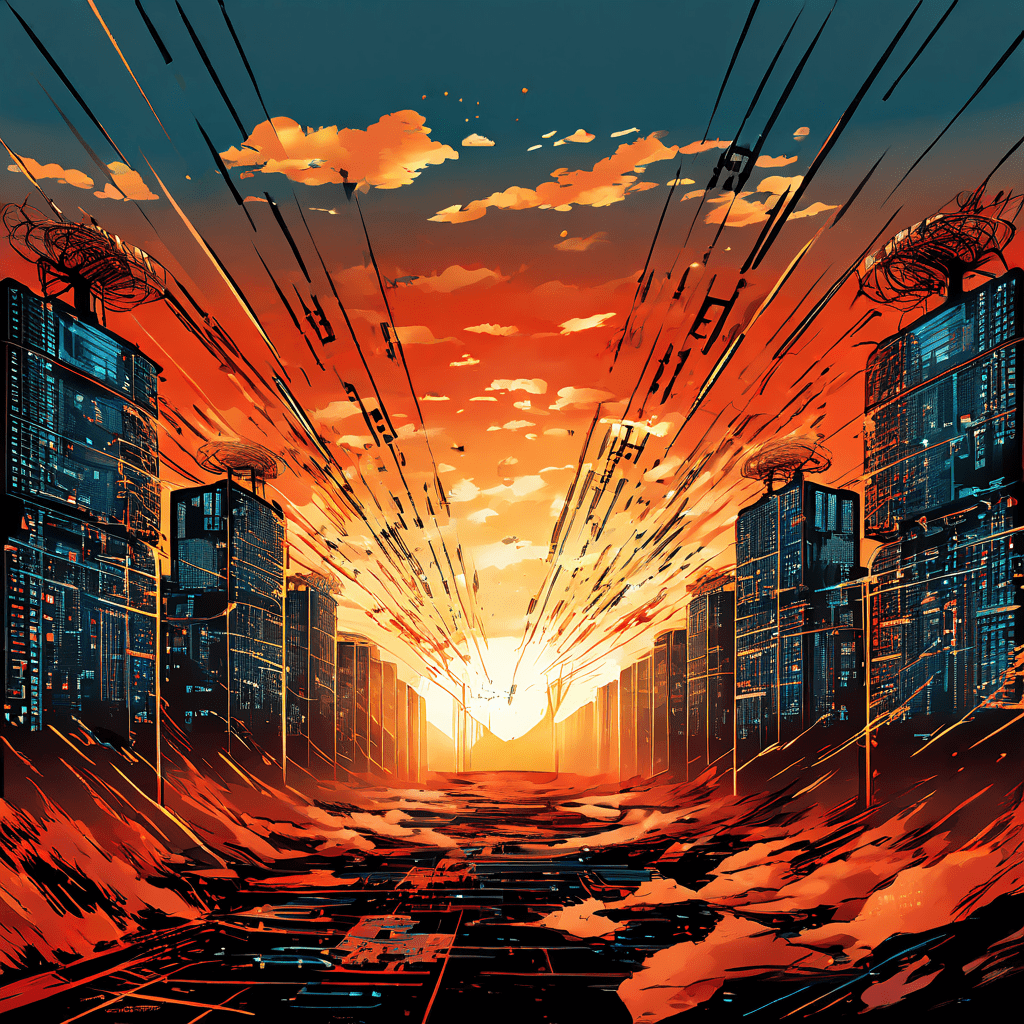 시스템 자원을 두고 예측 가능한 전쟁을 벌이는 피크 타임을 서버 군대와 데이터 흐름, 시계가 충돌하는 전장에 비유한 개념적 일러스트레이션입니다.