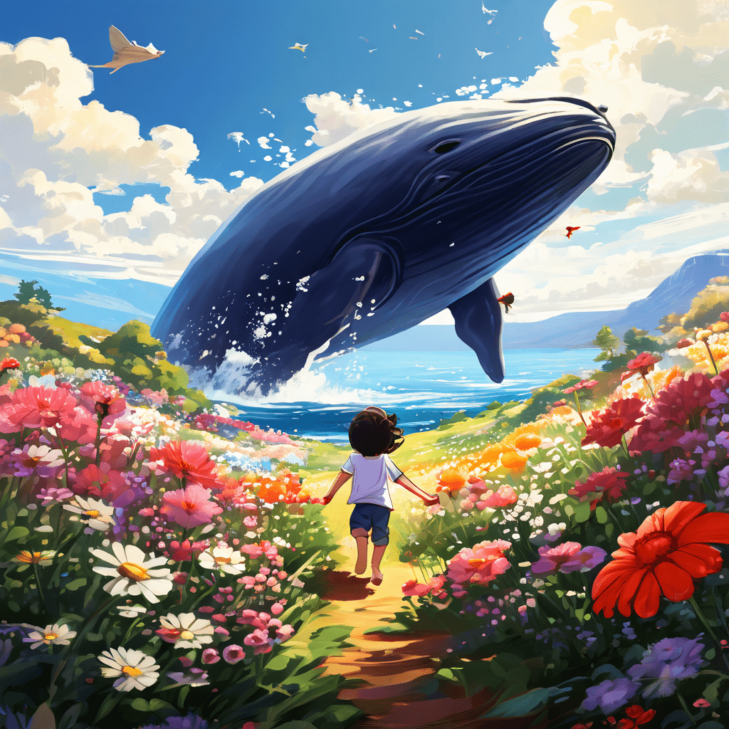 작은 사람이 가까이에 핀 꽃과 열매는 무시한 채 멀리 떨어진 거대한 고래를 향해 달려가는 모습을 상징적으로 표현한 이미지입니다.