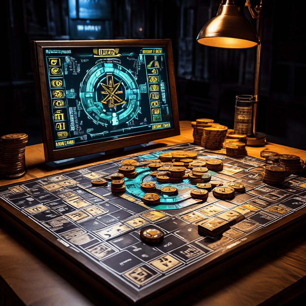 복잡한 보드게임에서 플레이어가 대형 실시간 환율 스크린 너머로 숨겨진 규칙책을 살펴보며 경제와 전략의 상관관계를 고민하는 모습을 담은 이미지입니다.