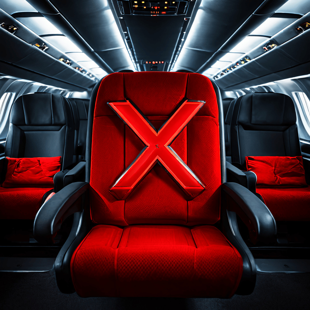 사용이 제한된 극장 또는 비행기 좌석을 가까이에서 바라본 모습으로, 자리에 크게 표시된 빨간색 X 표시와 'Restricted' 문구가 해당 좌석이 이용 불가능함을 명확히 알려줍니다.