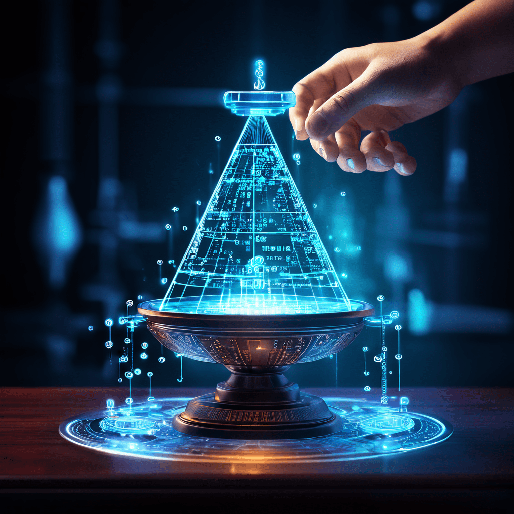 디지털 손이 빛나는 저울의 균형을 조정하며 API 코드가 물처럼 한쪽으로 흘러들어 시장의 균형이 기울어지는 모습을 상징적으로 표현한 이미지입니다.