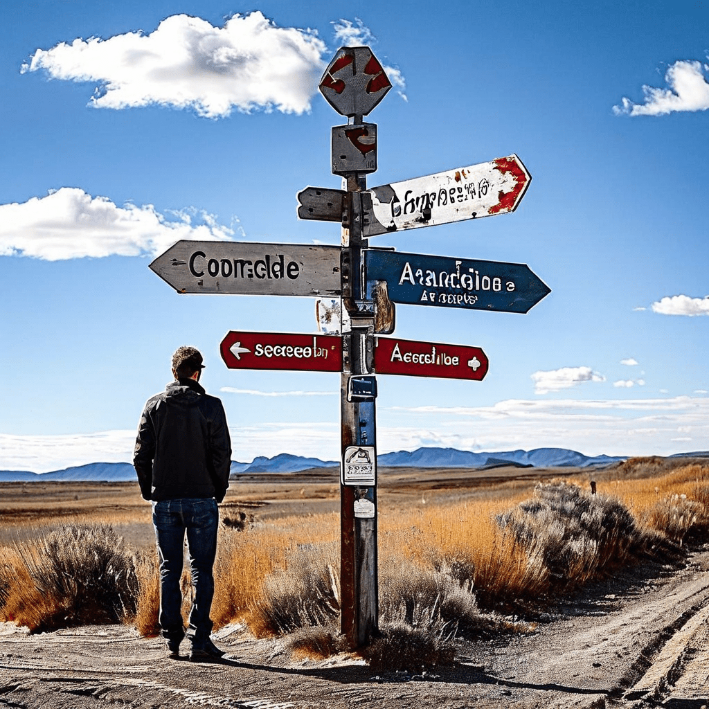 보수적, 균형형, 공격적 투자 전략을 나타내는 세 개의 표지판이 갈림길에 서 있으며 각기 다른 금융 환경을 향해 방향을 제시하는 모습을 상징적으로 표현한 이미지입니다.