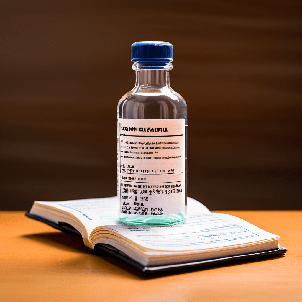 처방약 병과 함께 의학적, 법적 중요성을 강조하며 시각적으로 분리할 수 없는 상세한 공식 사용 설명서가 배치된 이미지입니다.