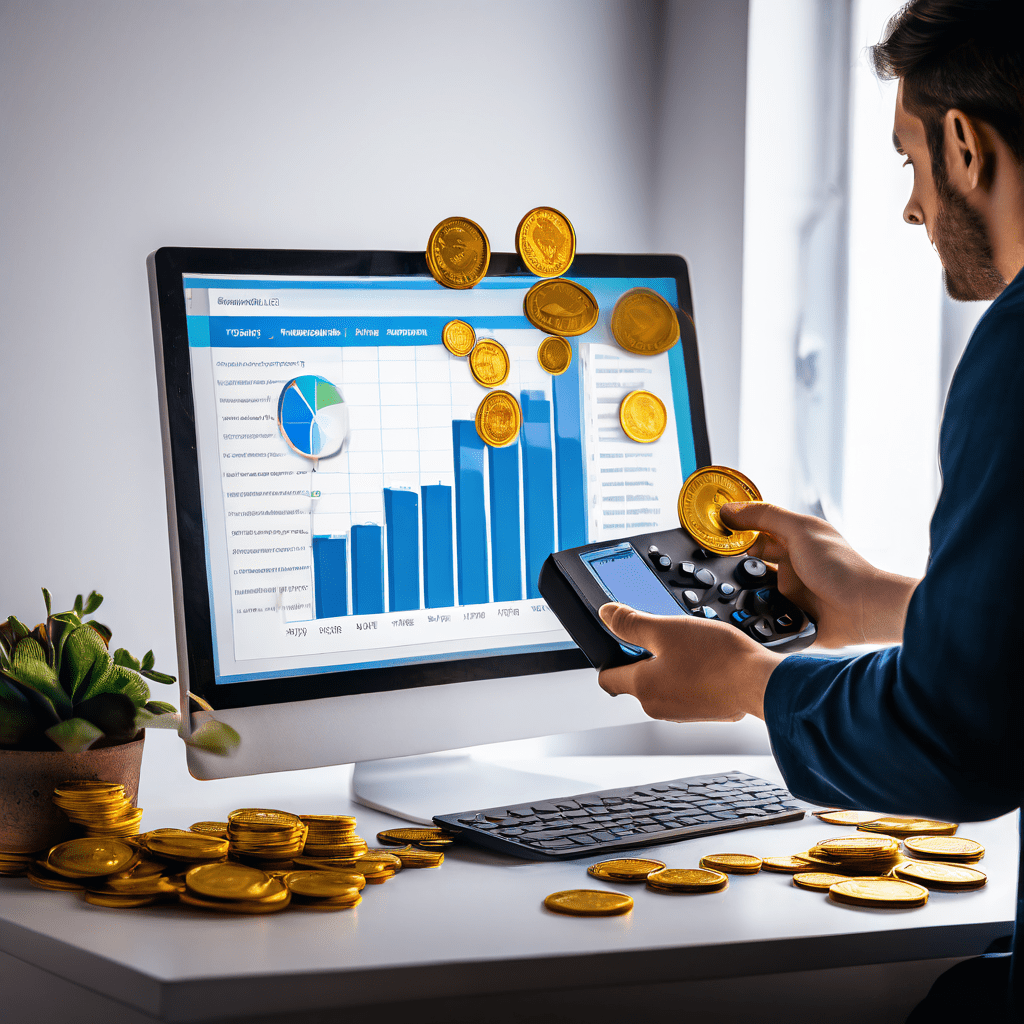 게임 컨트롤러를 들고 있는 사람이 컴퓨터 모니터에서 날아오는 동전과 지폐와 함께 지출 항목을 나타내는 원형 차트를 주의 깊게 살펴보고 있습니다.