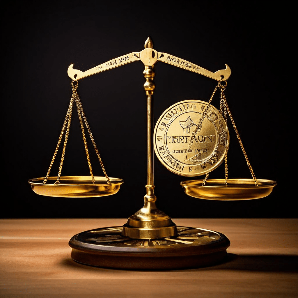 이익 기여도와 마진율이라는 두 핵심 재무 지표가 서로 긴장 관계에 있으며 균형을 맞추는 것이 중요함을 저울에 올려진 금화와 무게추로 상징적으로 표현한 개념 이미지입니다.