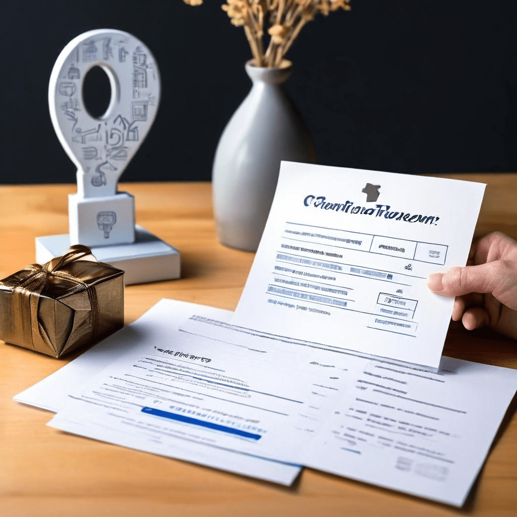 고객이 기업으로 상품권 결제 금액을 지불하는 재무 흐름을 보여주며, 세금 서류 위의 물음표가 세금 처리에 대한 오해를 표현한 순서도 이미지입니다.