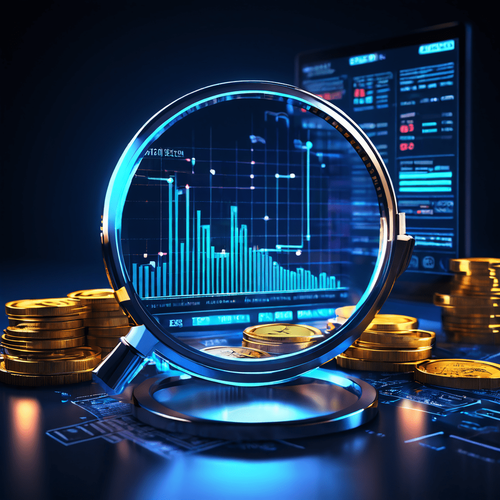 암호화폐 거래소 인터페이스 위에 놓인 돋보기가 낮은 수수료 비율과 유동성이 풍부한 차트를 강조하며, 흐르는 그래프와 코인 아이콘으로 시장 분석을 시각화하는 이미지입니다.