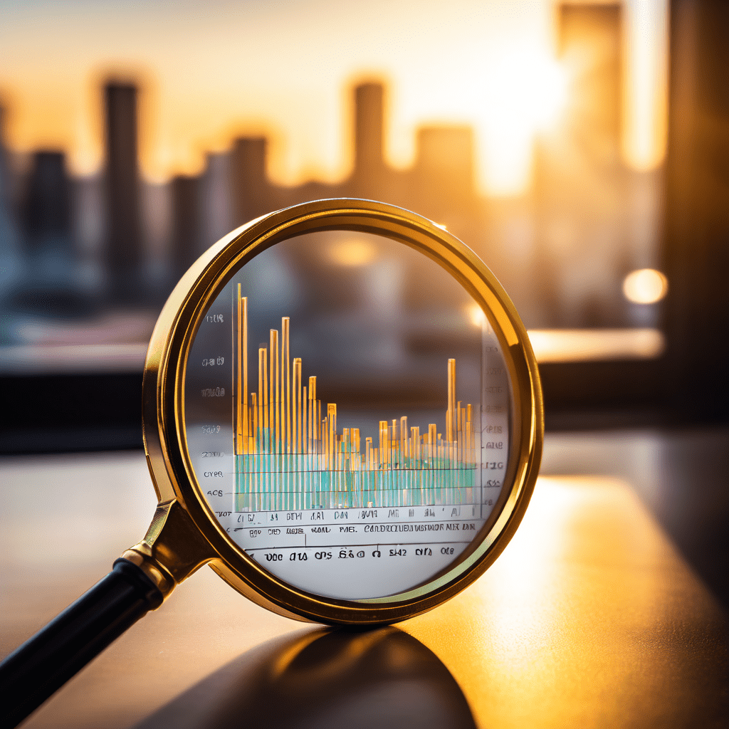 확대경으로 바라본 단기 수익 차트에 집중하는 모습과 함께, 배경에는 흐리게 표현된 큰 금전적 기회가 놓쳐지고 있음을 상징하는 이미지입니다.