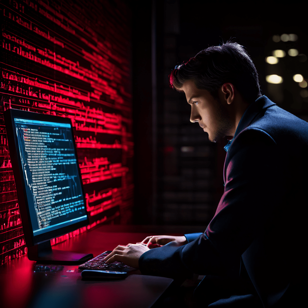 디지털 보안 전문가가 빛나는 로그인 기록을 분석하며 시스템 보안의 숨겨진 침해를 드러내는 단일한 빨간색 코드 줄을 발견하는 모습을 묘사한 이미지입니다.