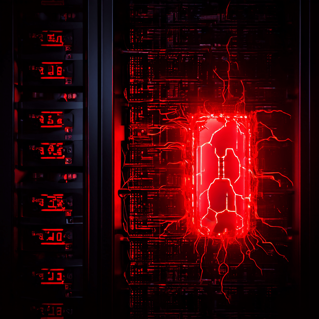서버 랙의 붉은 경고등이 점등된 가운데 사용자 아이콘이 깨지고 이진 코드가 디지털 상처처럼 새어 나오는 사이버 보안 위협 상황을 묘사한 이미지입니다.