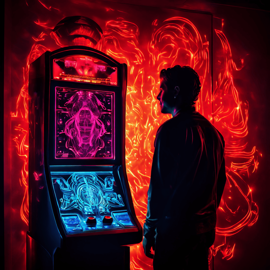 심리적 압박을 받는 사람의 실루엣이 강렬한 사운드 웨이브에 왜곡되는 가운데 빛나는 잭팟 머신이 도박 중독의 위험성을 상징적으로 표현한 이미지입니다.