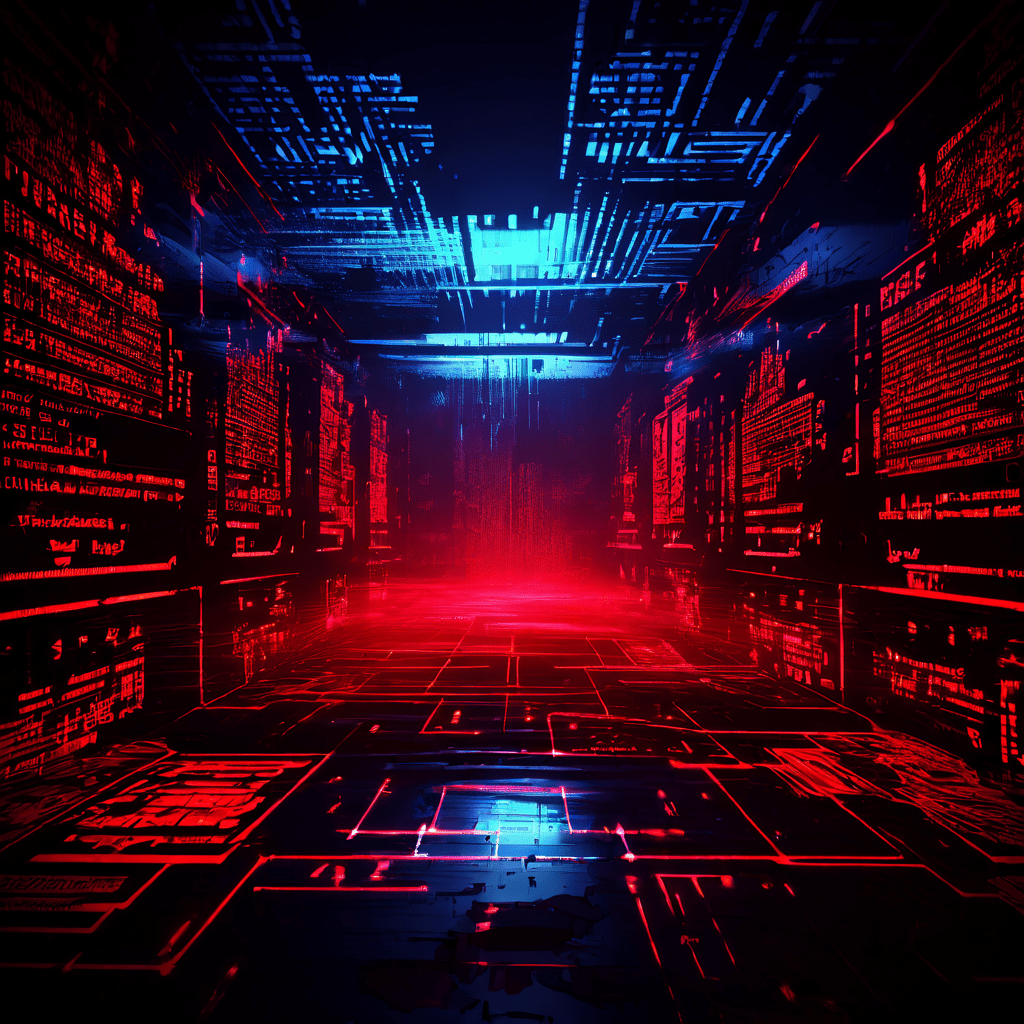 디지털 게임 로그가 격렬하게 오작동하며 표면 아래 숨겨진 악성 코드 침입을 드러내고, 불길한 빨간색 경고 신호가 화면 전체에 깜빡이는 모습을 담은 이미지입니다.