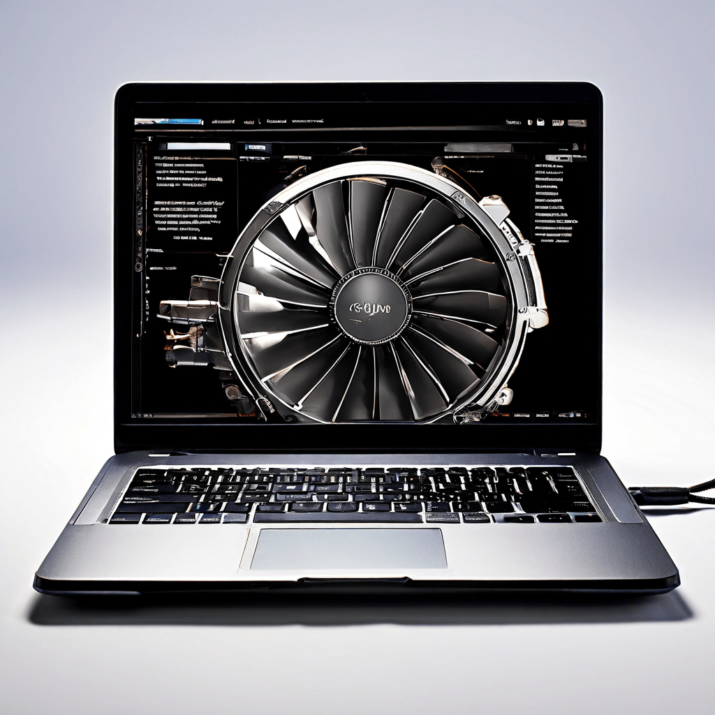 A laptop resting on a wooden desk with its cooling fan visible through the bottom vents, next to an open browser window showing a
