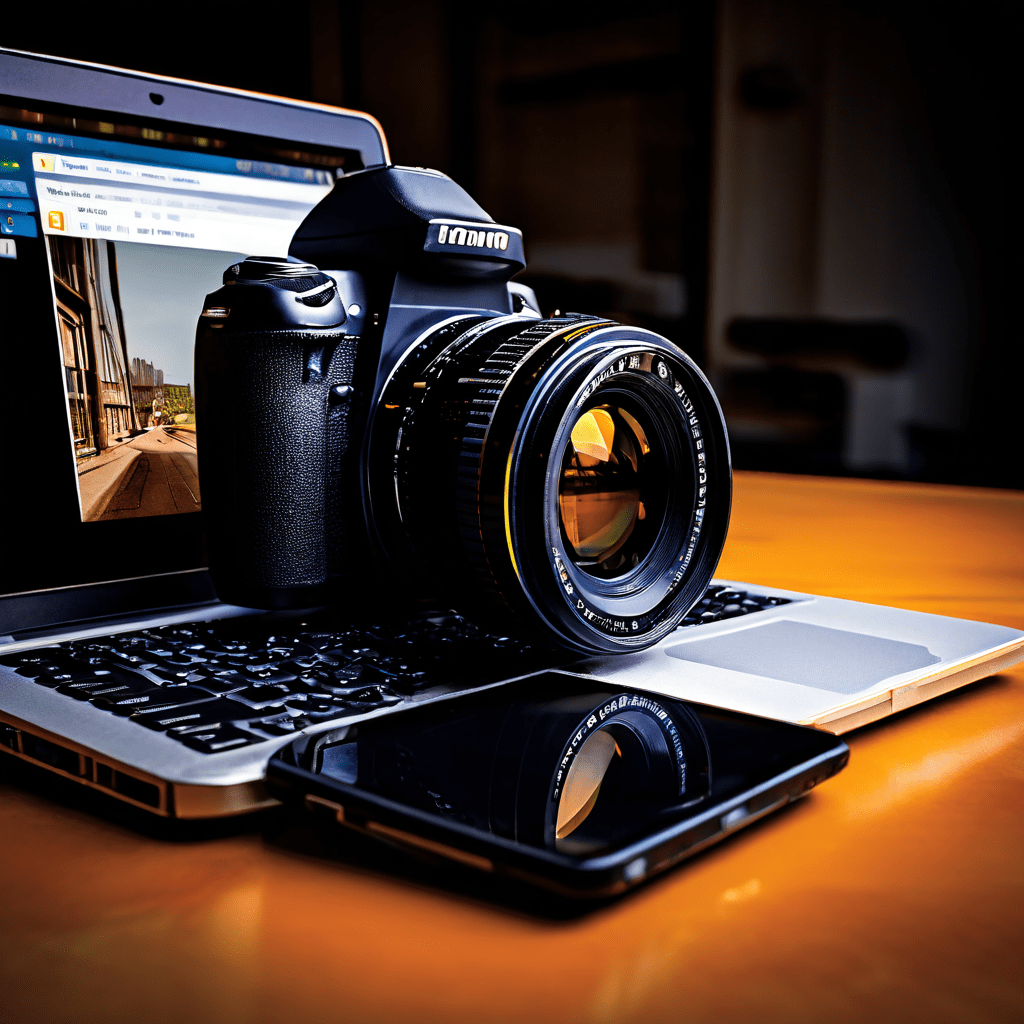 A DSLR photograph of a smartphone lying on a wooden desk next to an open laptop, with a blank screen on the laptop and a blurred i