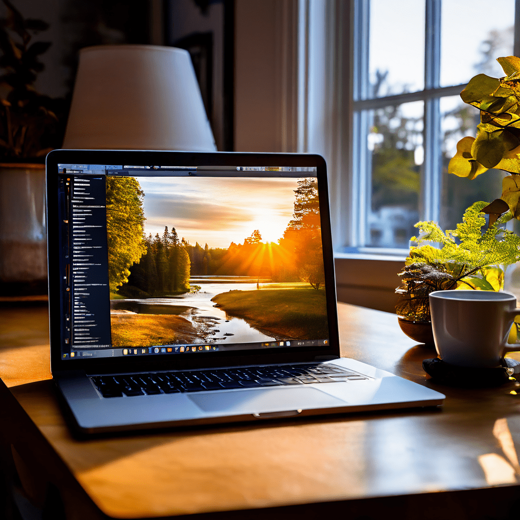 A person's hand on a sleek laptop keyboard, illuminated by soft natural window light, while the screen shows a dimmed display with