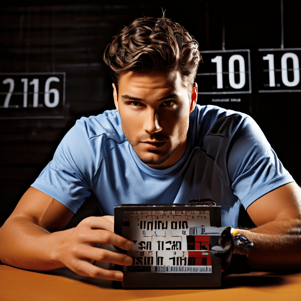 A professional sports psychologist sits at a desk reviewing performance notes, with a blurred laptop and a stopwatch on a casino f